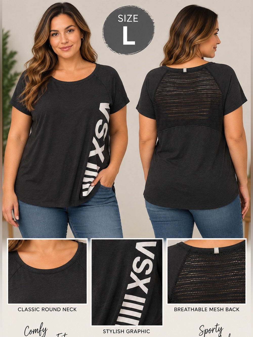 VSX Black Graphic Short Sleeve Top with Mesh Back - SIZE LARGE
